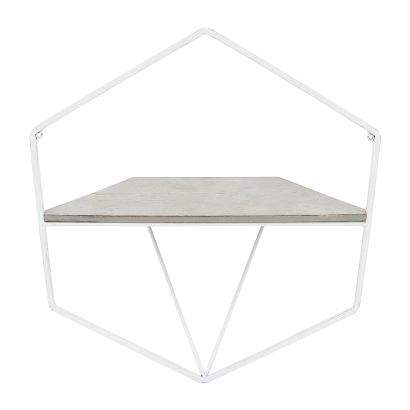 S/2 METAL / WOOD HEXAGON WALL SHELVES, WHT/GRAY