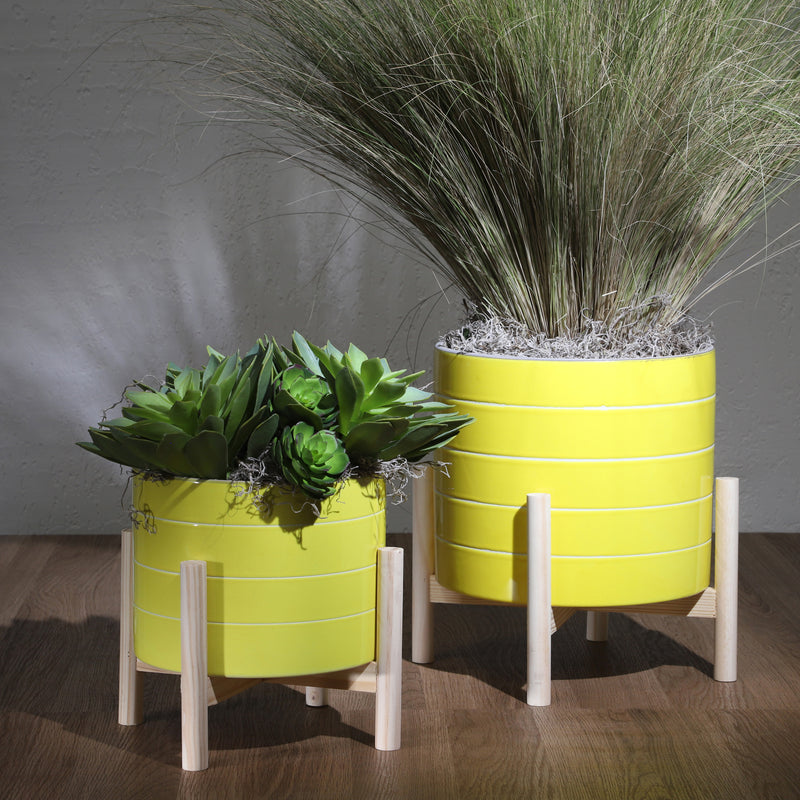 8 STRIPED PLANTER W/ WOOD STAND, YELLOW