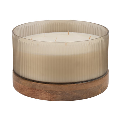 12 183 Oz Glass Candle W/ Wood Base, Ivory