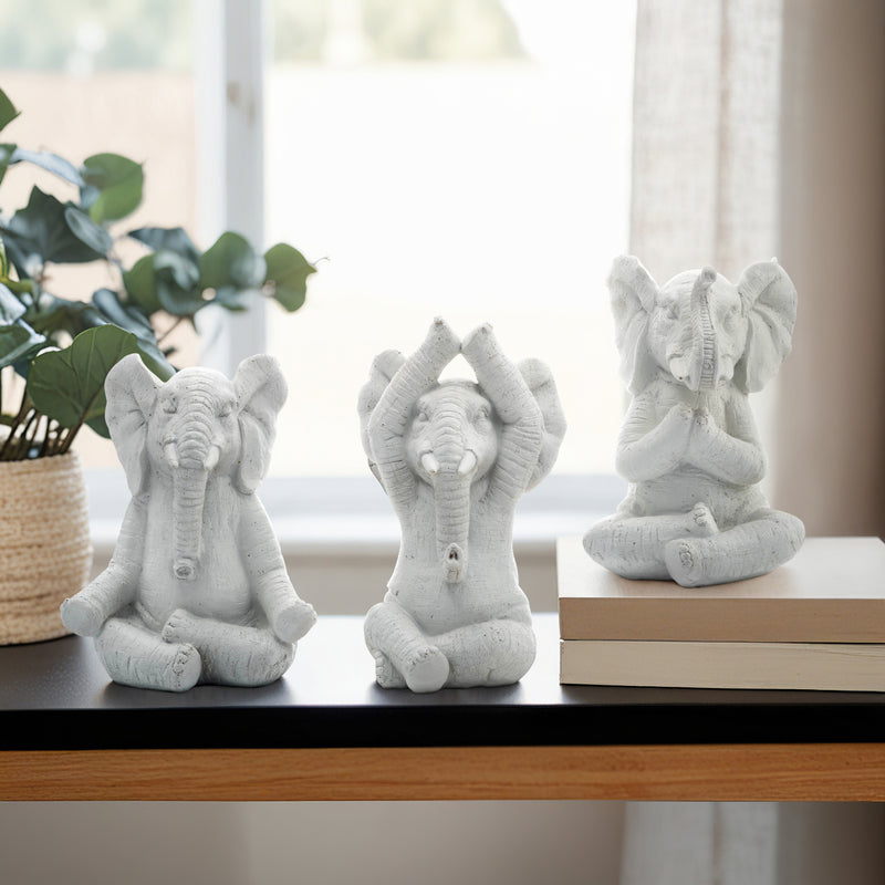 RESIN, S/3, 8H, YOGA ELEPHANTS, WT