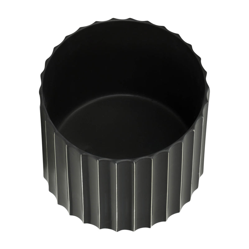 12 CERAMIC FLUTED PLANTER W/ WOOD STAND, BLACK