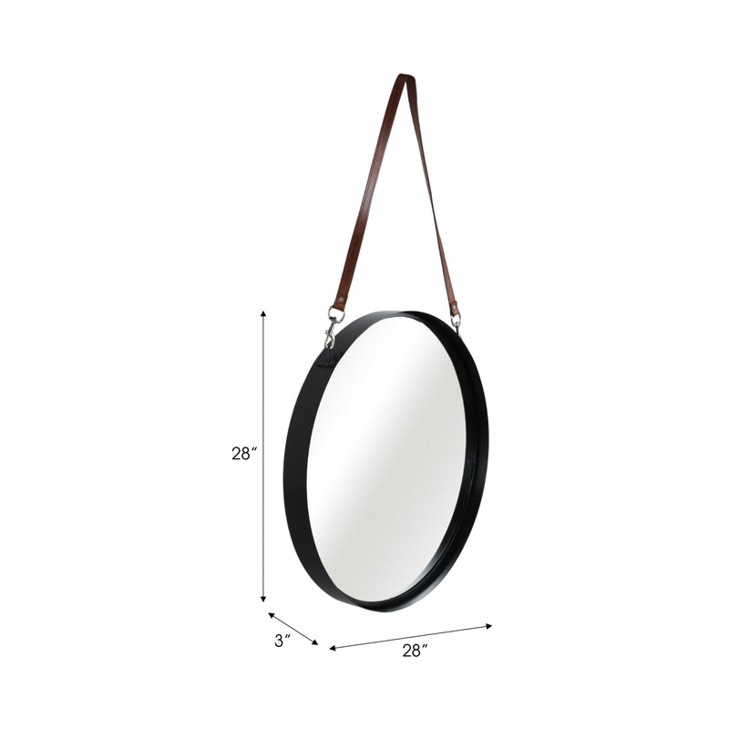 28 ROUND MIRROR W/ LEATHER STRAP, BLACK