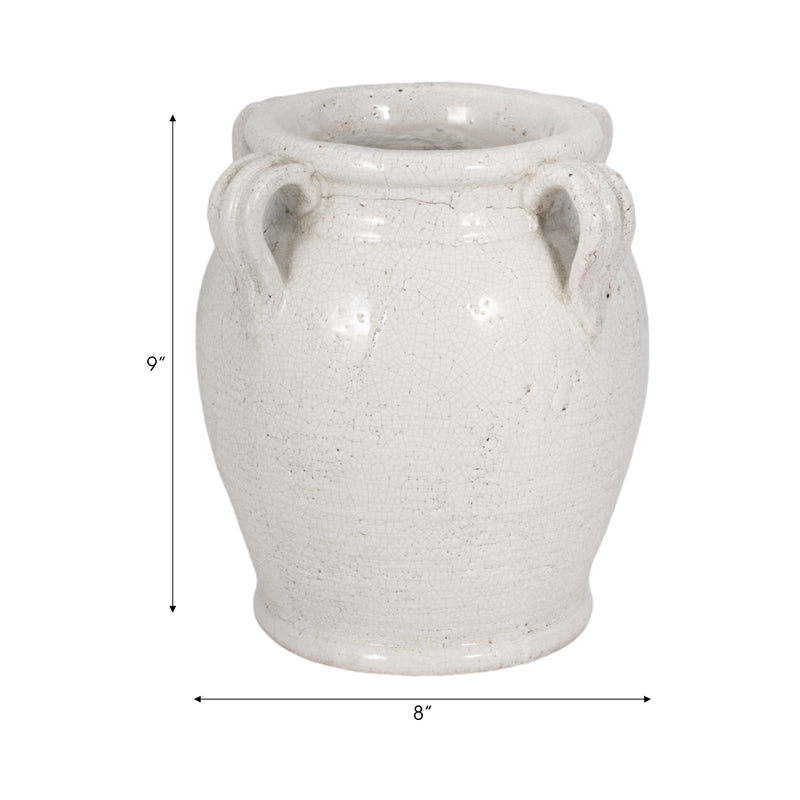 9 Terracotta Vase With Handles, White Crackle