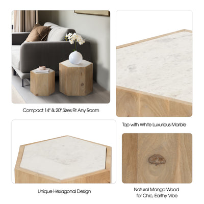 WOOD/MARBLE, S/2 14/20 HEXAGONLA SIDE TABLES, NAT