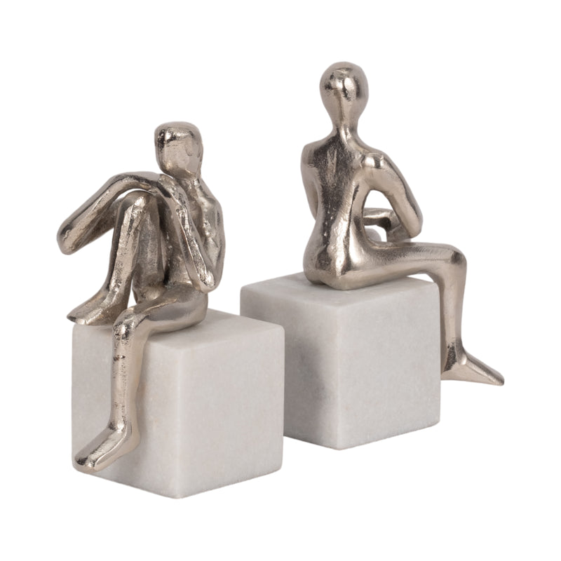 METAL/MARBLE S/2  SITTING LEG UP BOOKENDS, SILVER