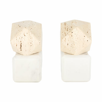 S/2 6 Marble Bookends W/ Travertine Hex Orb, Tan/