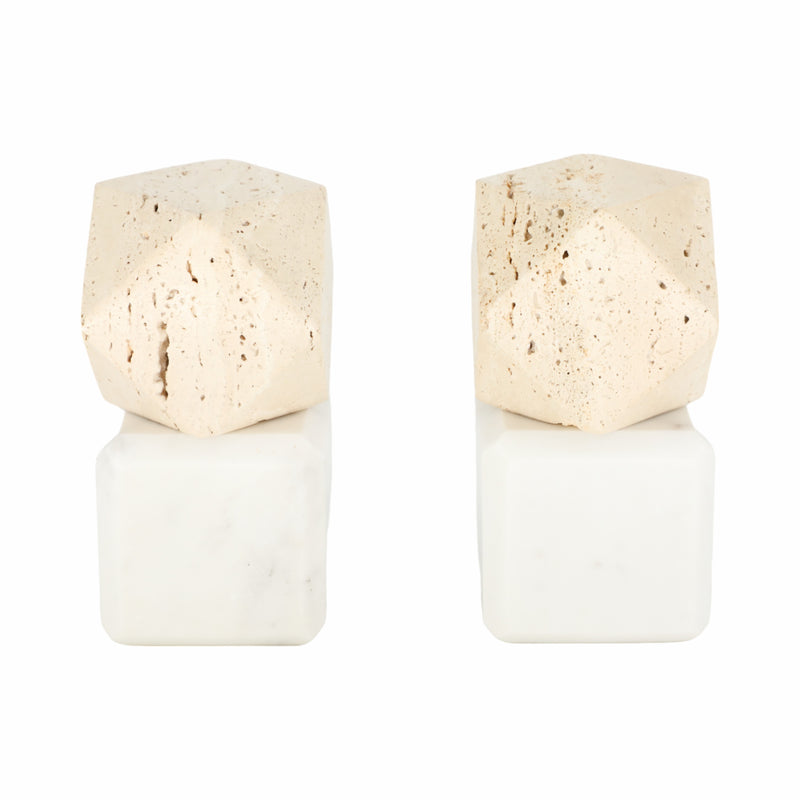 S/2 6 Marble Bookends W/ Travertine Hex Orb, Tan/