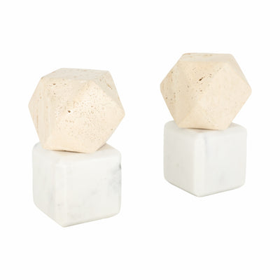 S/2 6 Marble Bookends W/ Travertine Hex Orb, Tan/