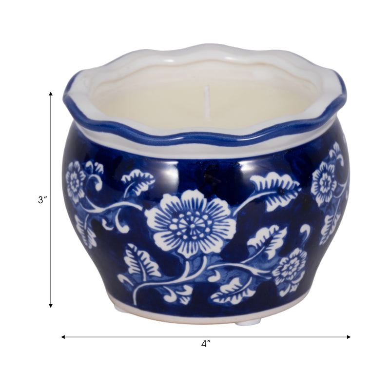 4, 7oz Round Chinoiserie Candle , Blue/white