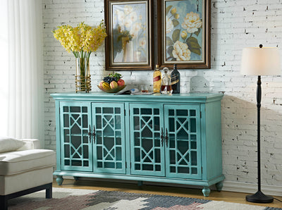 Mendenhall 4 Geometric Glass Door Textured Teal Sideboard