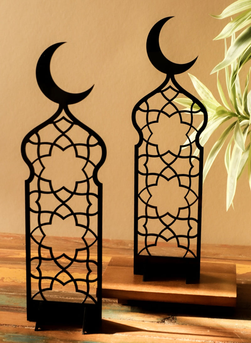 Set of 2 Acrylic Decor Stands in Ramadan Crescent Shape with Islamic Pattern