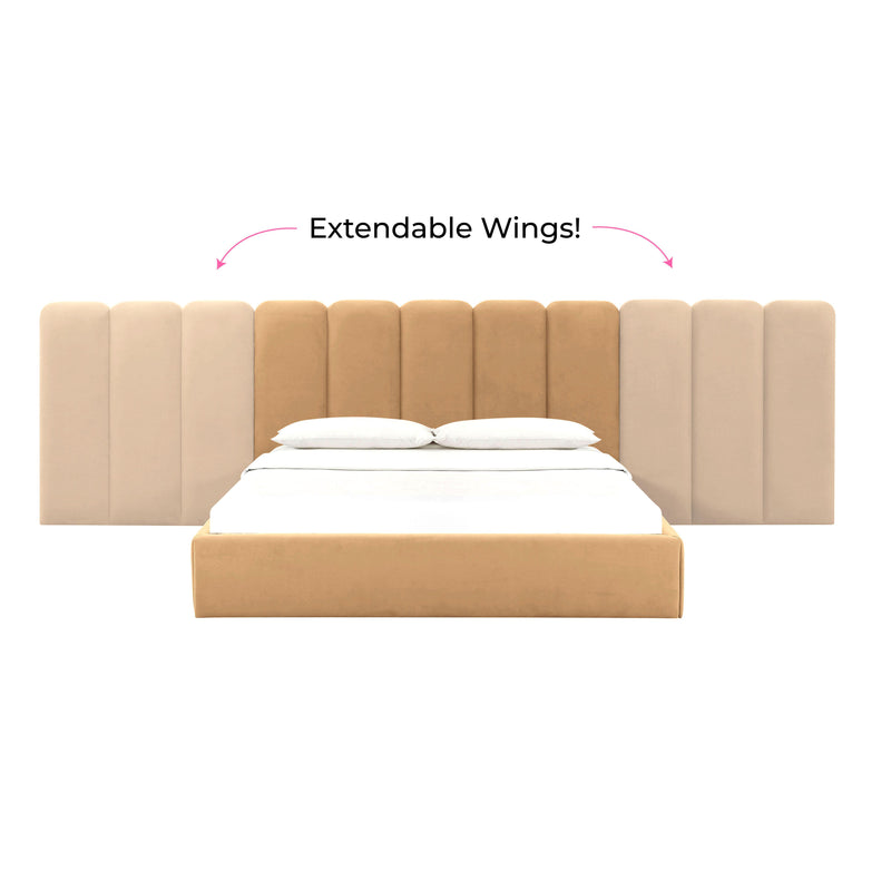 Palani Honey Velvet Queen Bed with Wings