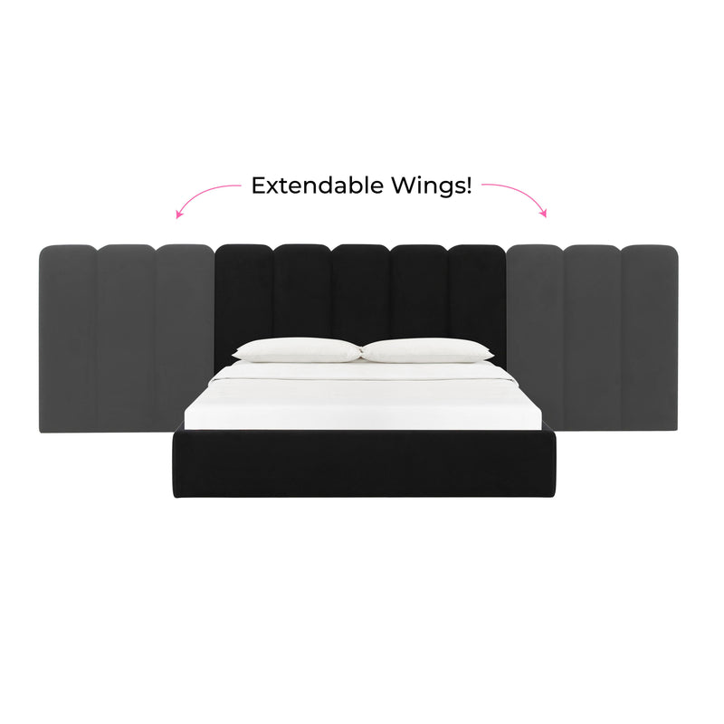 Palani Black Velvet King Bed with Wings