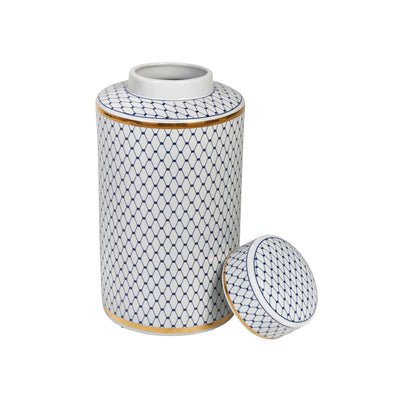 Ceramic Lidded Jar, White/Blue/Gold