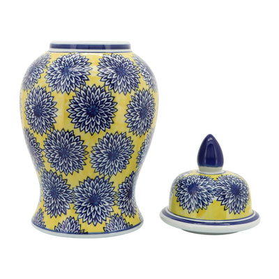 14 Temple Jar W/Dalhia Flower,Yellow/Blue