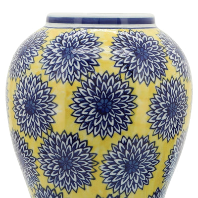 14 Temple Jar W/Dalhia Flower,Yellow/Blue