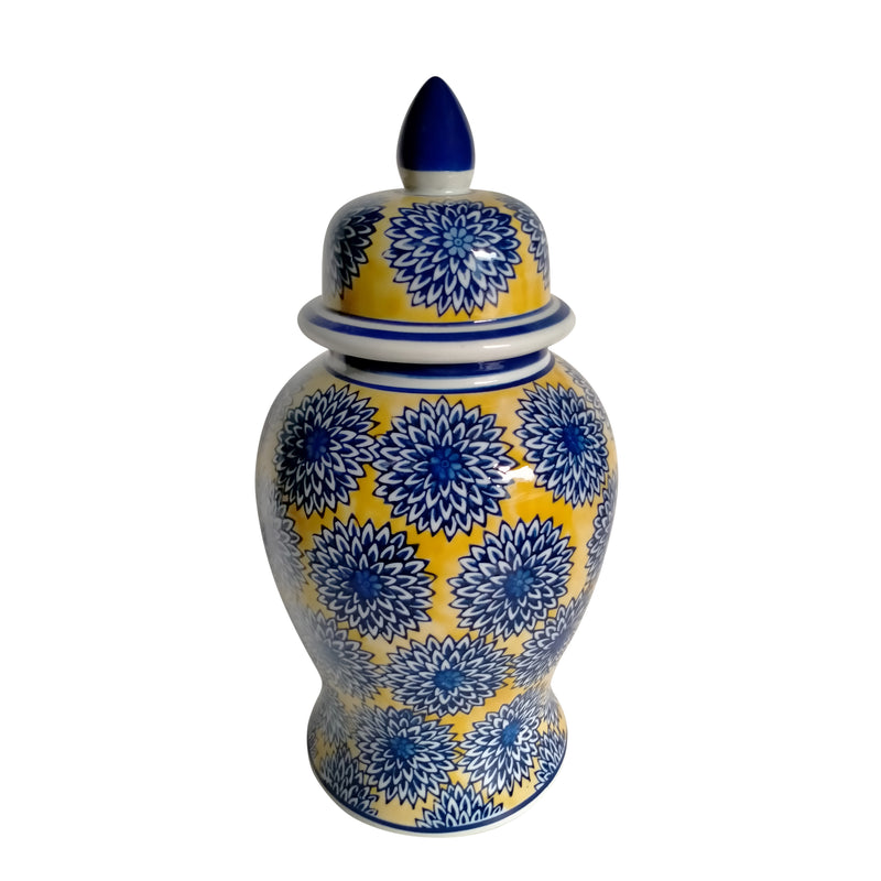 14 Temple Jar W/Dalhia Flower,Yellow/Blue