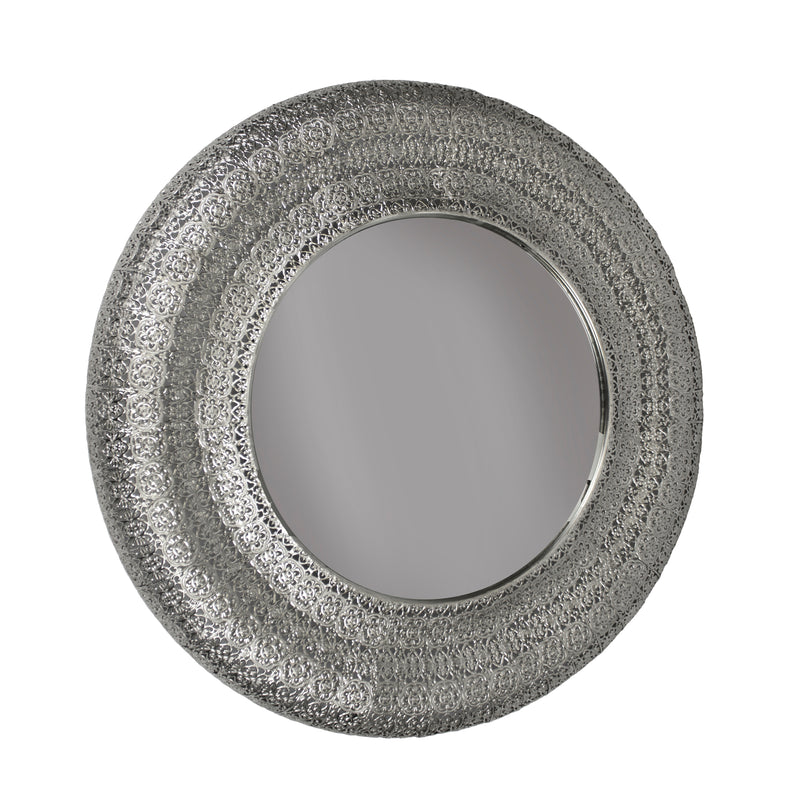 Metal & Glass Round Pierced Mirror, Silver