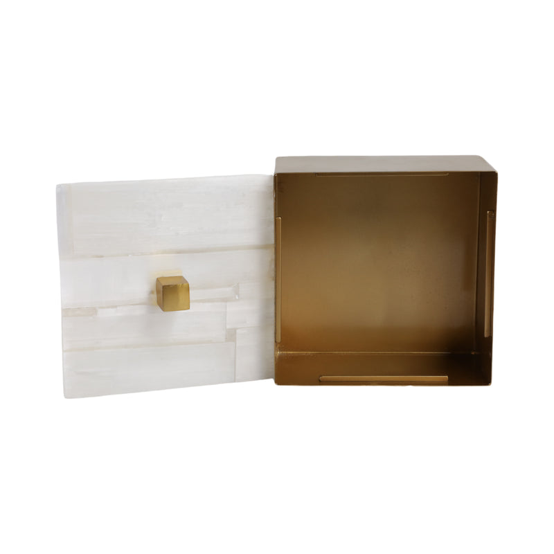 6 Square Selenite Top Box, White/gold