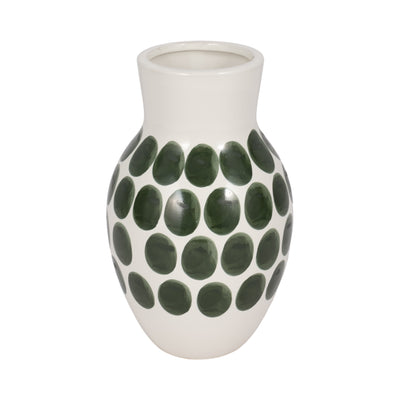 CER, 10H FOREST GREEN POLK-A-DOT FLOWER VASE,WHT