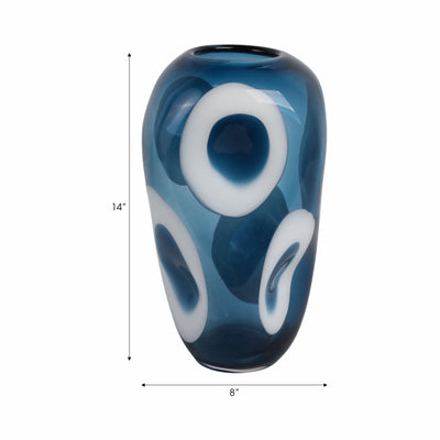 14x8 Curvy Polka Dot Glass Vase, Blue/white