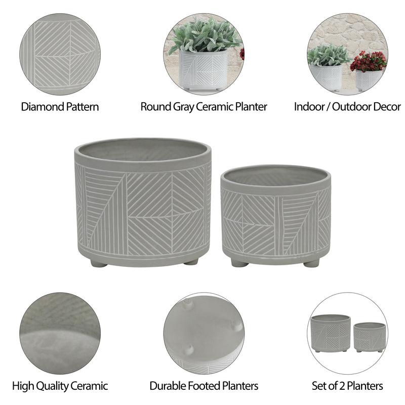 S/2 CERAMIC DIAMOND FOOTED PLANTER 10/12, GRAY