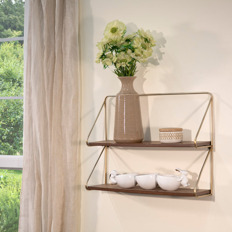 METAL/WOOD 20 2 TIER WALL SHELF, GOLD