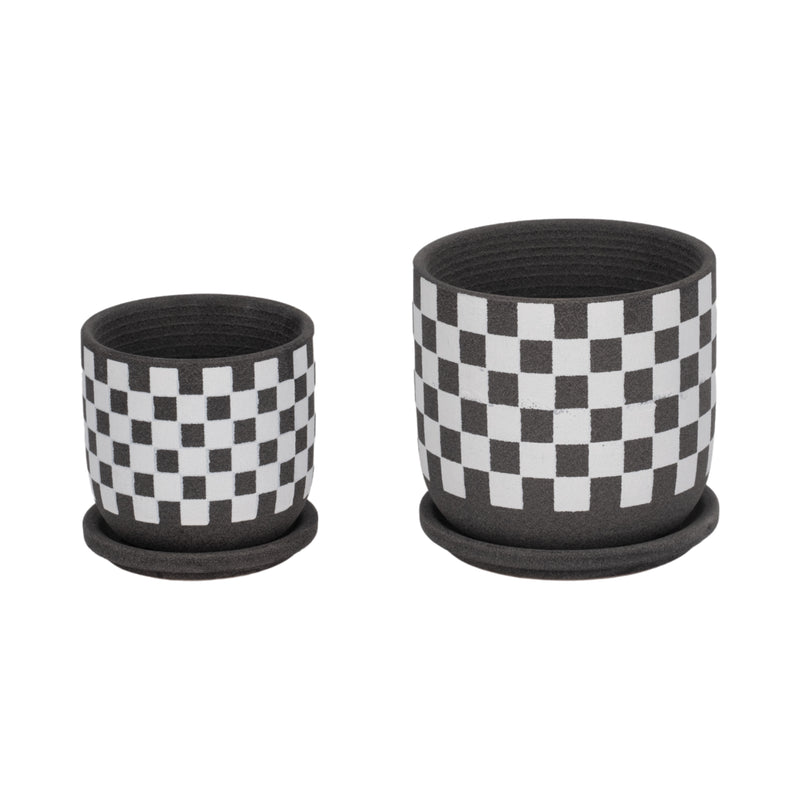 S/2 5/6 Checkerboard Saucer Planters, Black/white