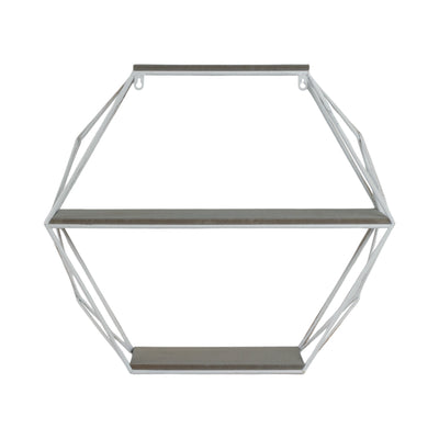 Metal/wood 3 Tier Hexagon Wall Shelf, Gray/white