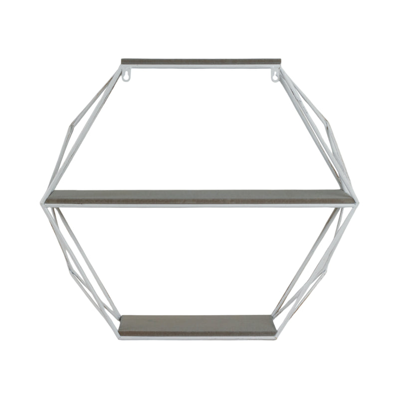 Metal/wood 3 Tier Hexagon Wall Shelf, Gray/white