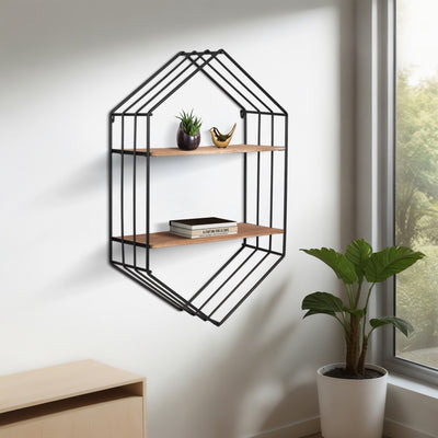 METAL/WOOD 20 HEXAGON SHELF, BROWN/BLACK