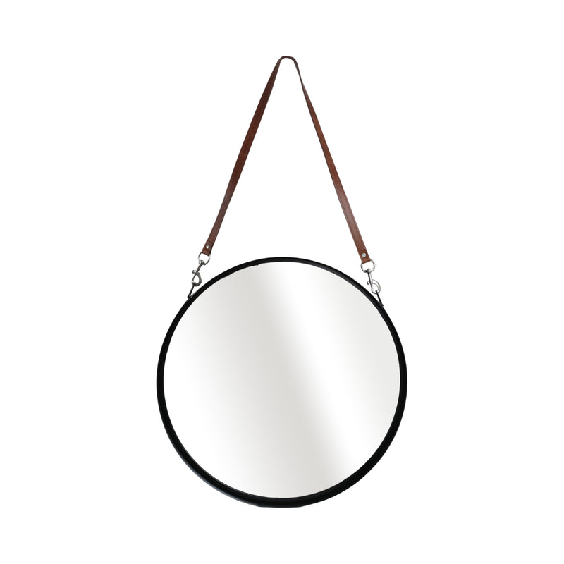 28 ROUND MIRROR W/ LEATHER STRAP, BLACK