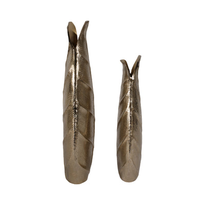 Metal, S/2 16/21 Fauna Leaf Vases, Champagne