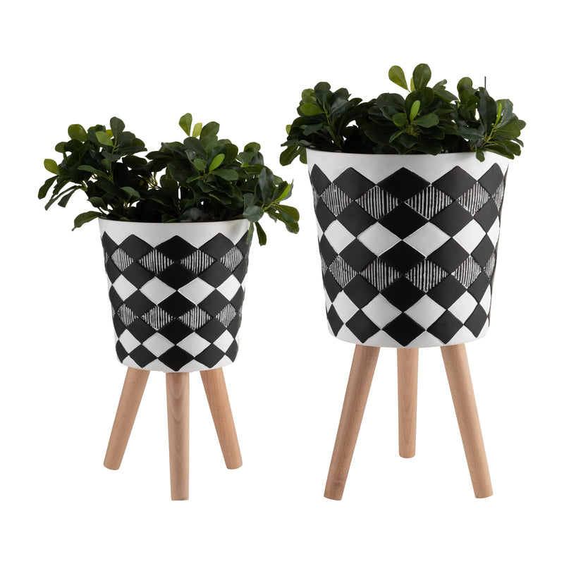 S/2 10/12 Diamond Planter W/ Wood Legs, Black(Kd)