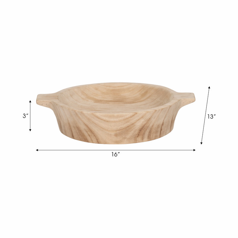 16 Round Wood Bowl With Handles, Natural