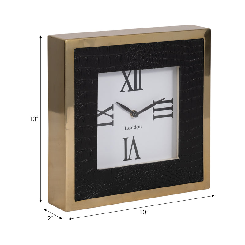 10 Faux Leather Croc Square Clock, Black/gold