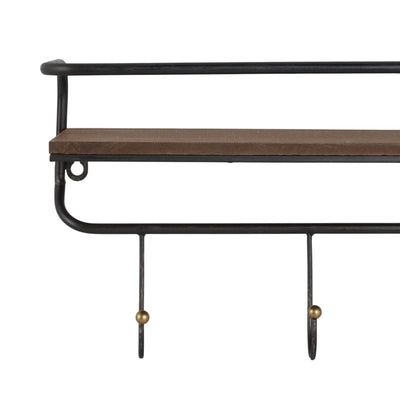 METAL/ WOOD, 24.25 5 HOOK WALL SHELF/ BROWN