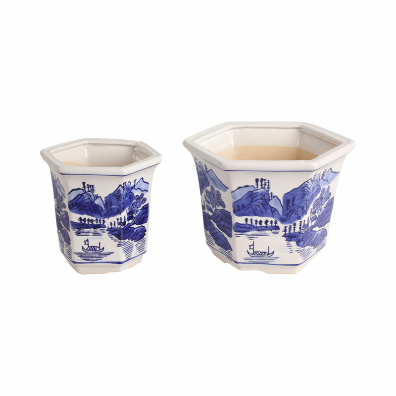 Cer, S/2 6/8 Chinoiserie Planters, Blue/white