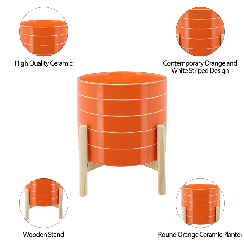 10 STRIPED PLANTER W/ WOOD STAND, ORANGE