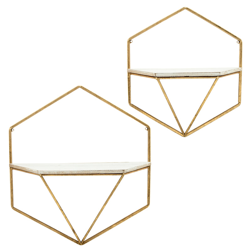 S/2 METAL / WOOD HEXAGON WALL SHELVES, GOLD/WHT