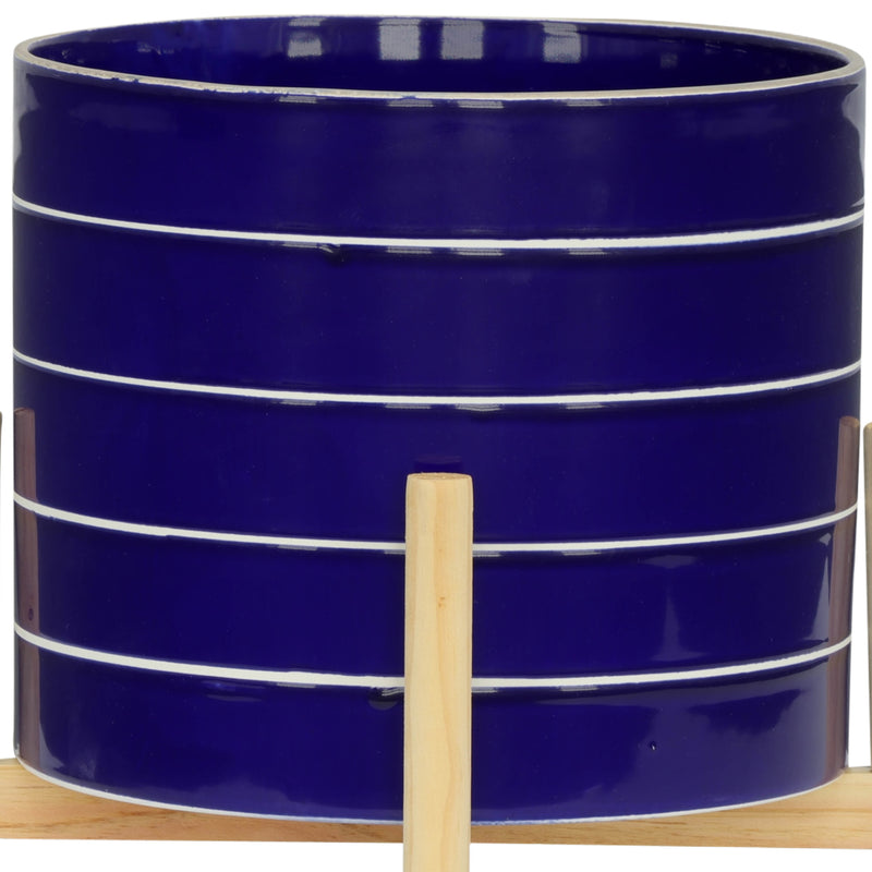 10 STRIPED PLANTER W/ WOOD STAND, NAVY