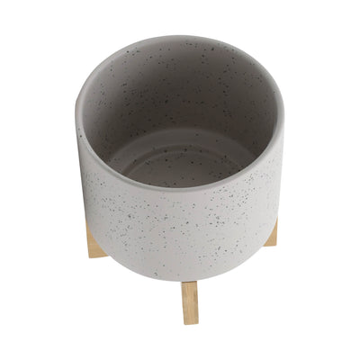 8  PLANTER W/ WOOD STAND, MATTE BEIGE