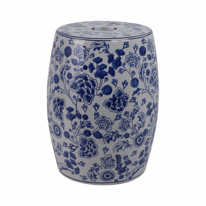 Cer, 18 Hydrangea Chinoiserie Stool, Blue/white