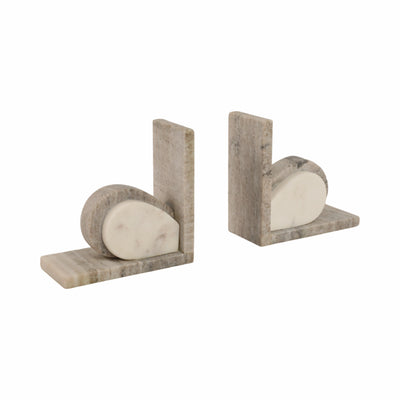 S/2 6 Eared Onyx & White Marble Bookends, Beige