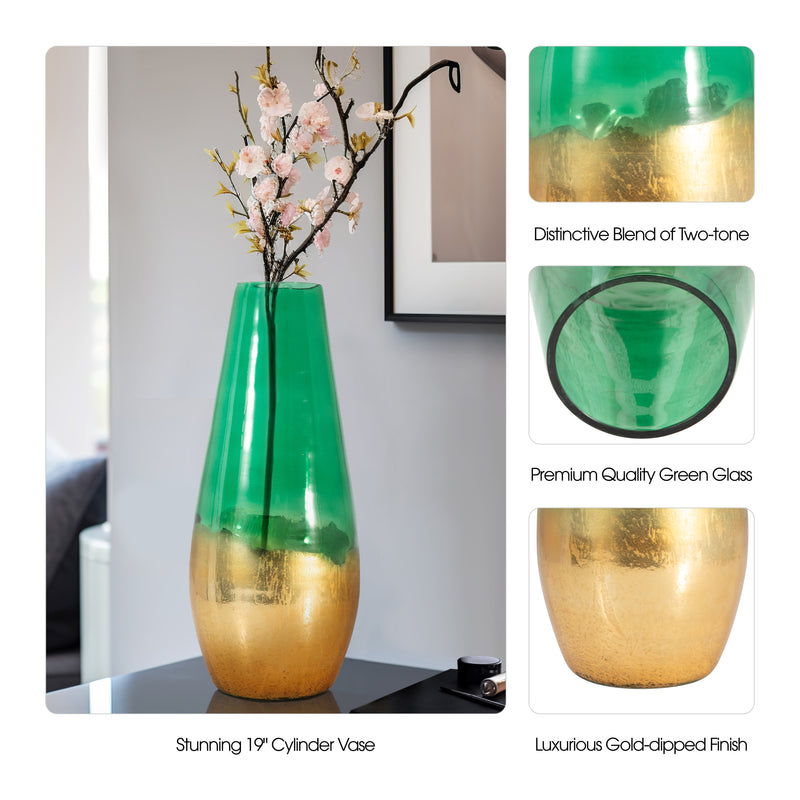 GLASS, 19 GOLD DIPPED VASE, GREEN