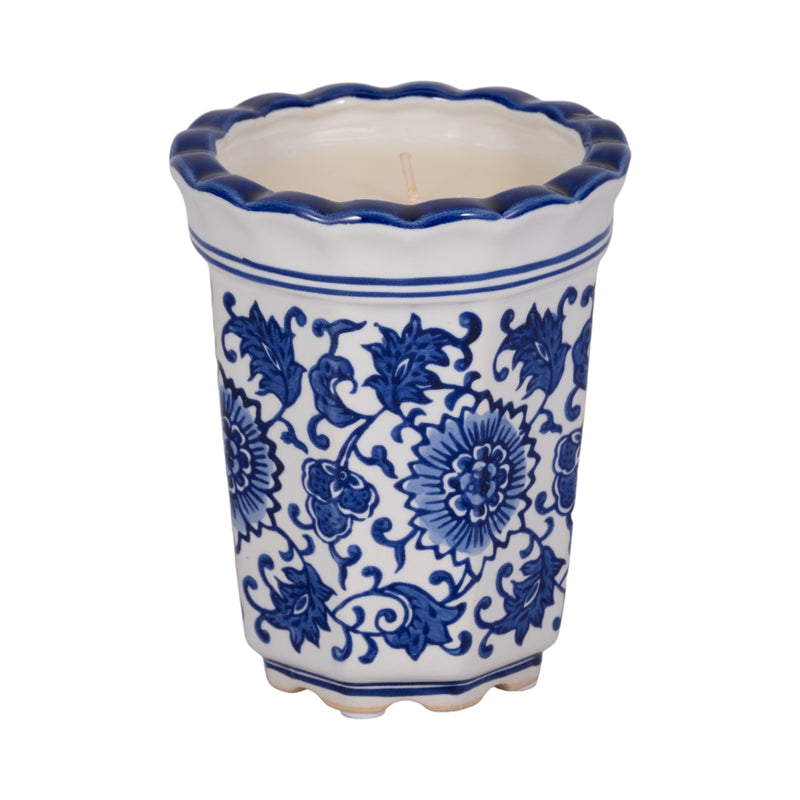 4, 7oz Fluted Chinoiserie Candle , Blue/white