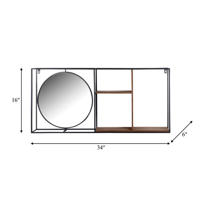 METAL/WOOD 34L WALL SHELF WITH MIRROR, BLACK/BROW