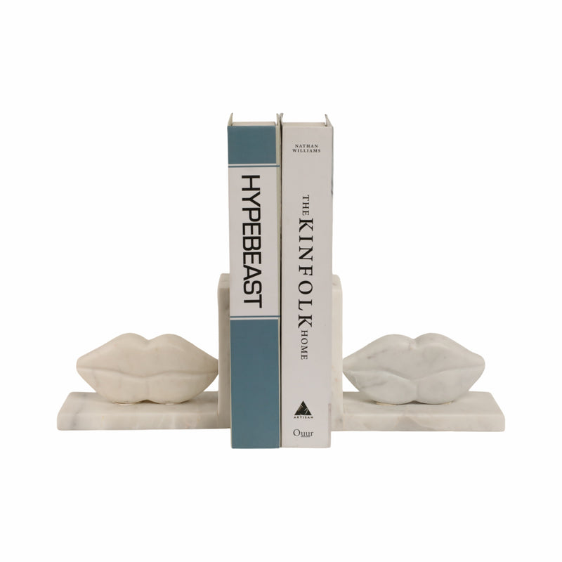 S/2 5 Lips Marble Bookends, White