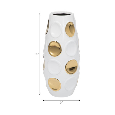 Stoneware, 13 Circle Embossed Vase, White/gold