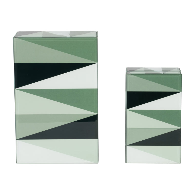 GLASS, S/2 8/11 TRIANGLES BOXES, GREEN/WHITE